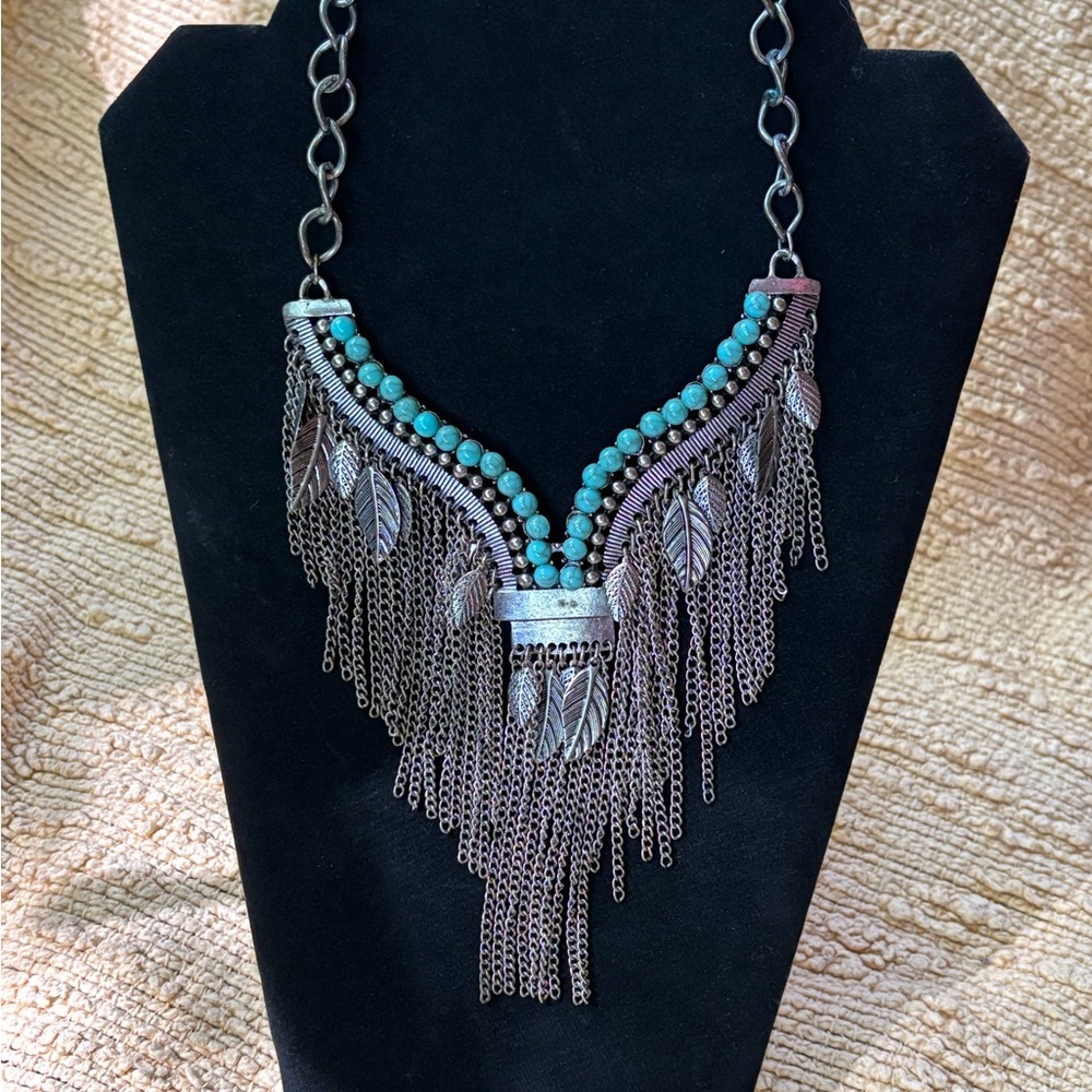 Turquoise Silver Statement Necklace feather boho indie festival